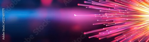 Fiber optic enhancements concept. Fiber optic strands emerging from a glowing core, creating a starburst effect, fiber optics, data explosion visualization