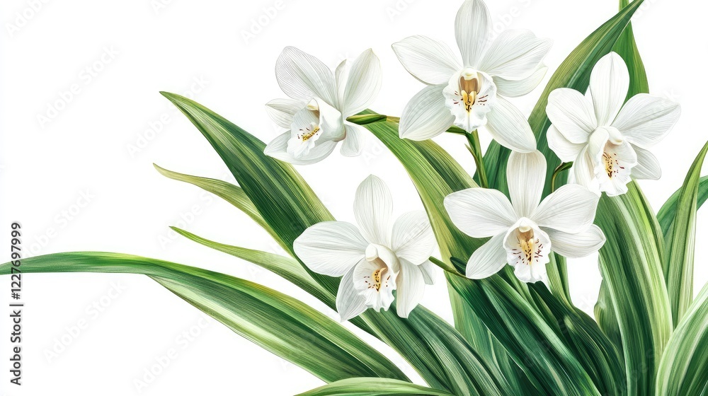 Naklejka premium Elegant White Orchid Flowers with Lush Green Leaves Isolated on a Bright White Background for Floral Designs and Prints