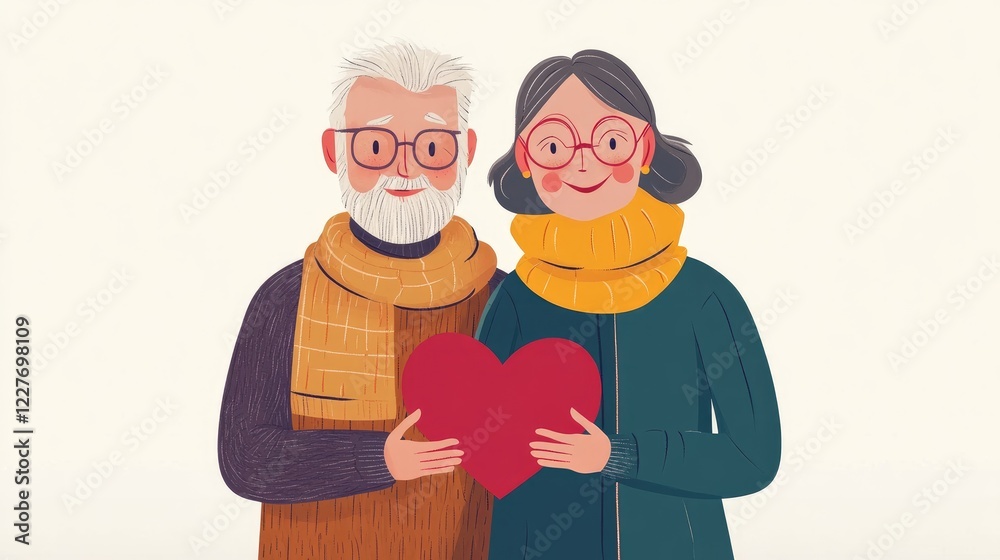 Happy senior couple holding a heart symbolizing love and affection in a cheerful illustrated portrait. Happy senior couple holding a heart symbolizing love and affection in a cheerful illustrated portrait.