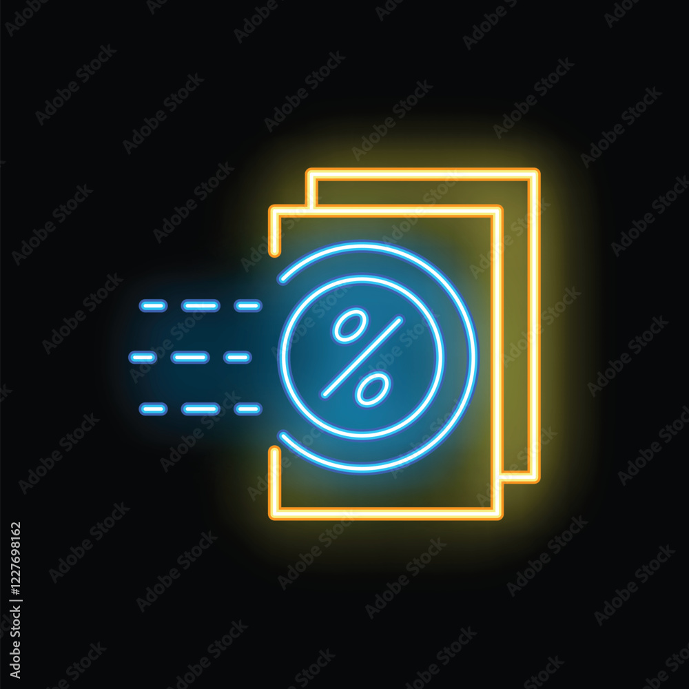Blue and yellow neon icon of documents with percentage symbol representing fast loan approval process Blue and yellow neon icon of documents with percentage symbol representing fast loan approval process