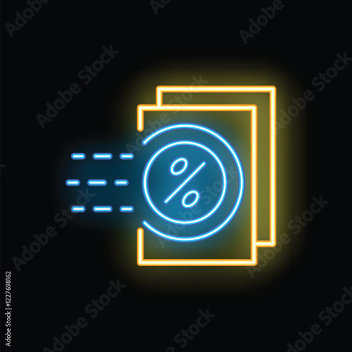 Blue and yellow neon icon of documents with percentage symbol representing fast loan approval process