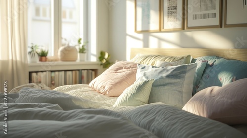 Cozy Scandinavian bedroom design featuring neutral tones and pastel accents with soft pillows and inviting natural light.
