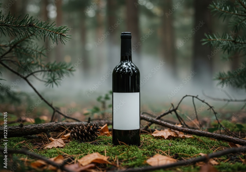 Wine bottle in misty forest with mossy stone surface and nature-inspired rustic elegance Wine bottle in misty forest with mossy stone surface and nature-inspired rustic elegance