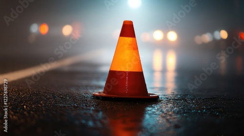 Orange traffic cone illuminated in foggy night conditions on a wet road ensuring safety and visibility for drivers and pedestrians.