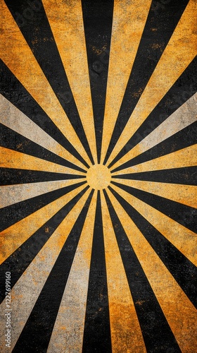 A vintage-style radial pattern featuring alternating black and yellow stripes radiating from a central point, creating a striking visual effect.