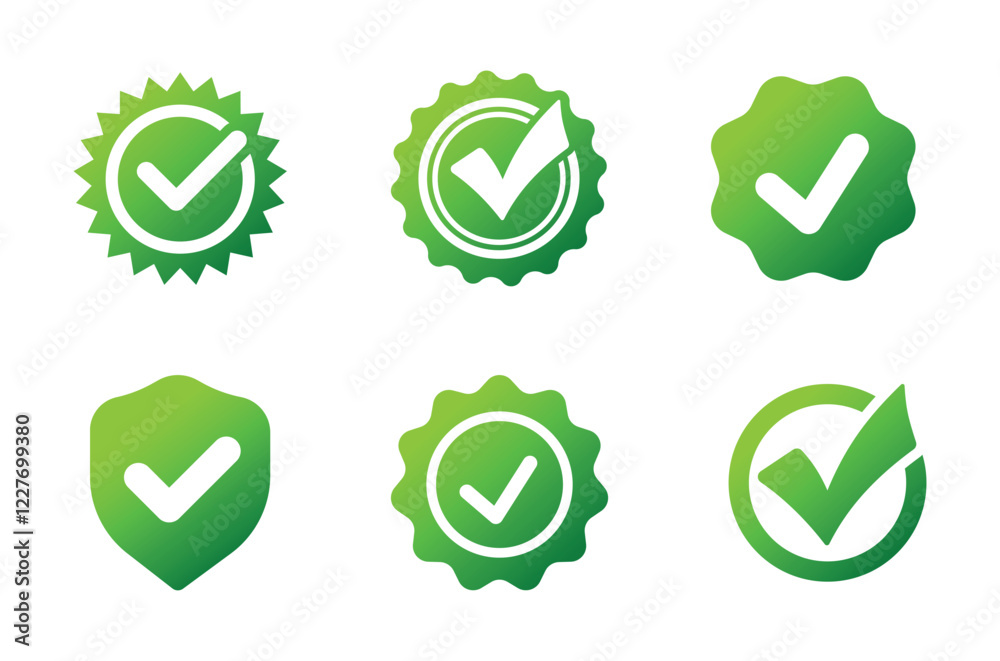 Set of green verification icons including checkmarks, shields, and badges, symbolizing approval, security, and quality assurance. Perfect for UI, branding, certification, and trust-based designs Set of green verification icons including checkmarks, shields, and badges, symbolizing approval, security, and quality assurance. Perfect for UI, branding, certification, and trust-based designs