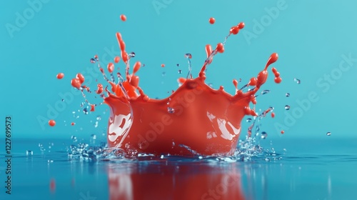 Vibrant Water Splash Effect in Red Against Serene Blue Background with Dynamic Droplets