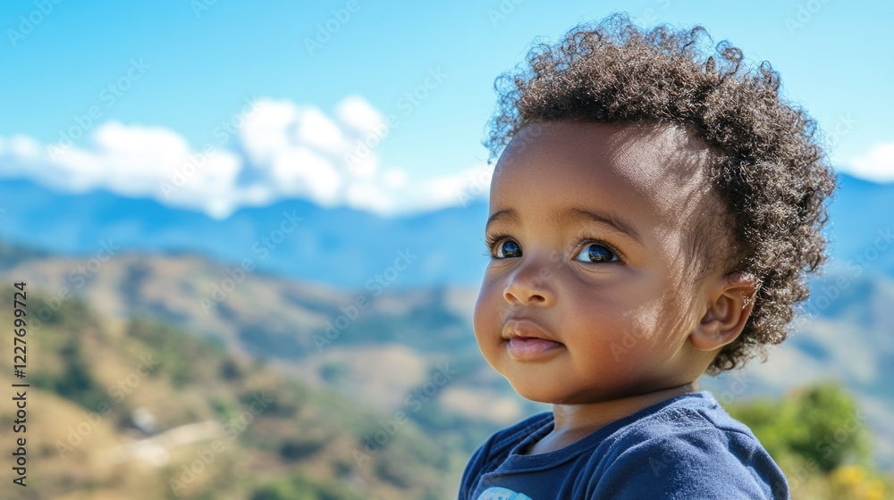 Portrait of one year old child with curly hair enjoying a sunny day with mountain landscape in background capturing innocence and happiness. Portrait of one year old child with curly hair enjoying a sunny day with mountain landscape in background capturing innocence and happiness.