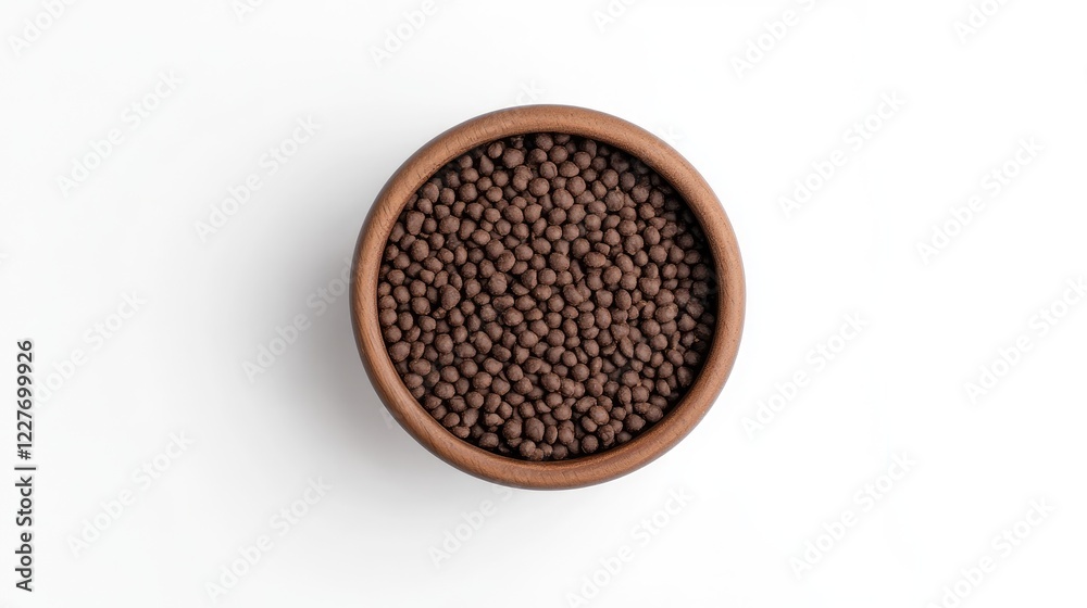 Dry kibble in a ceramic pet food bowl on a clean white background ideal for pet nutrition and feeding themes Dry kibble in a ceramic pet food bowl on a clean white background ideal for pet nutrition and feeding themes