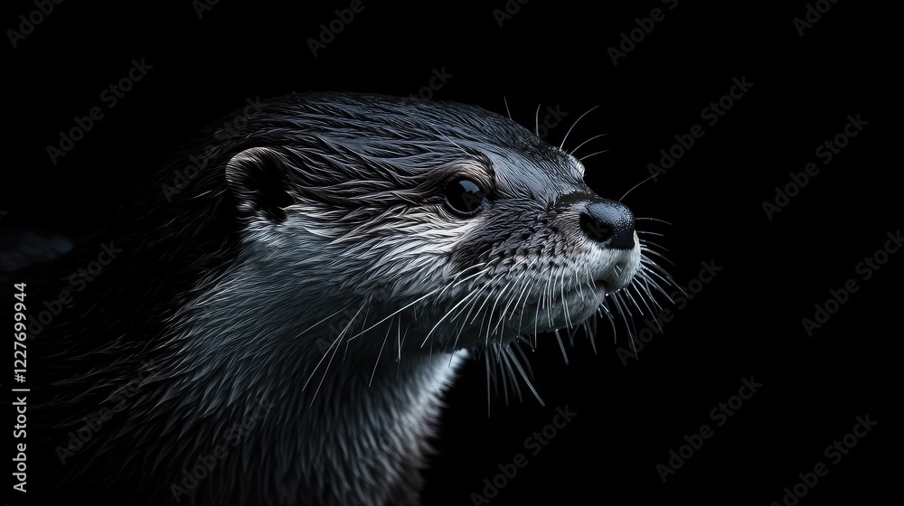 Portrait of Asian small-clawed otter in profile against a dark background showcasing its unique facial features and expressive eyes Portrait of Asian small-clawed otter in profile against a dark background showcasing its unique facial features and expressive eyes