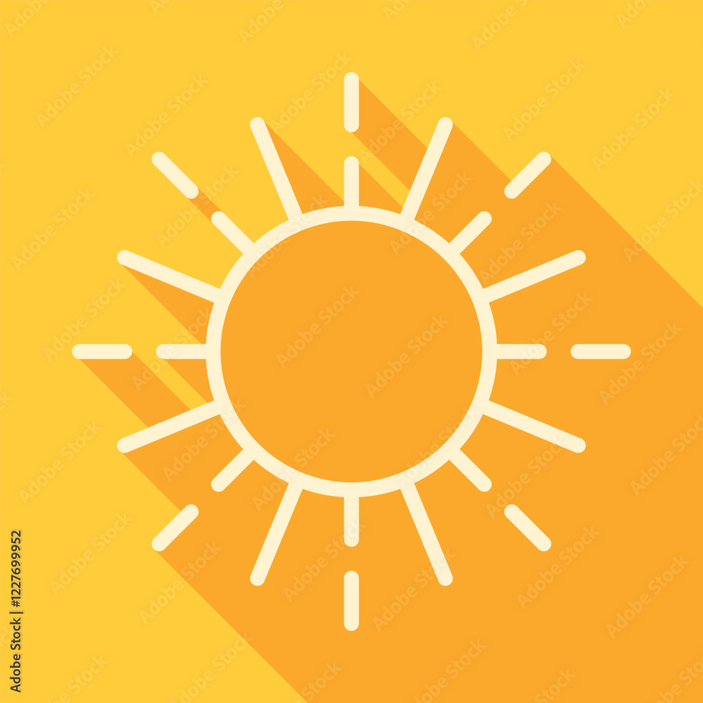 Line vector sun icon with long shadow on yellow background. Minimalist summer weather symbol. Line vector sun icon with long shadow on yellow background. Minimalist summer weather symbol.