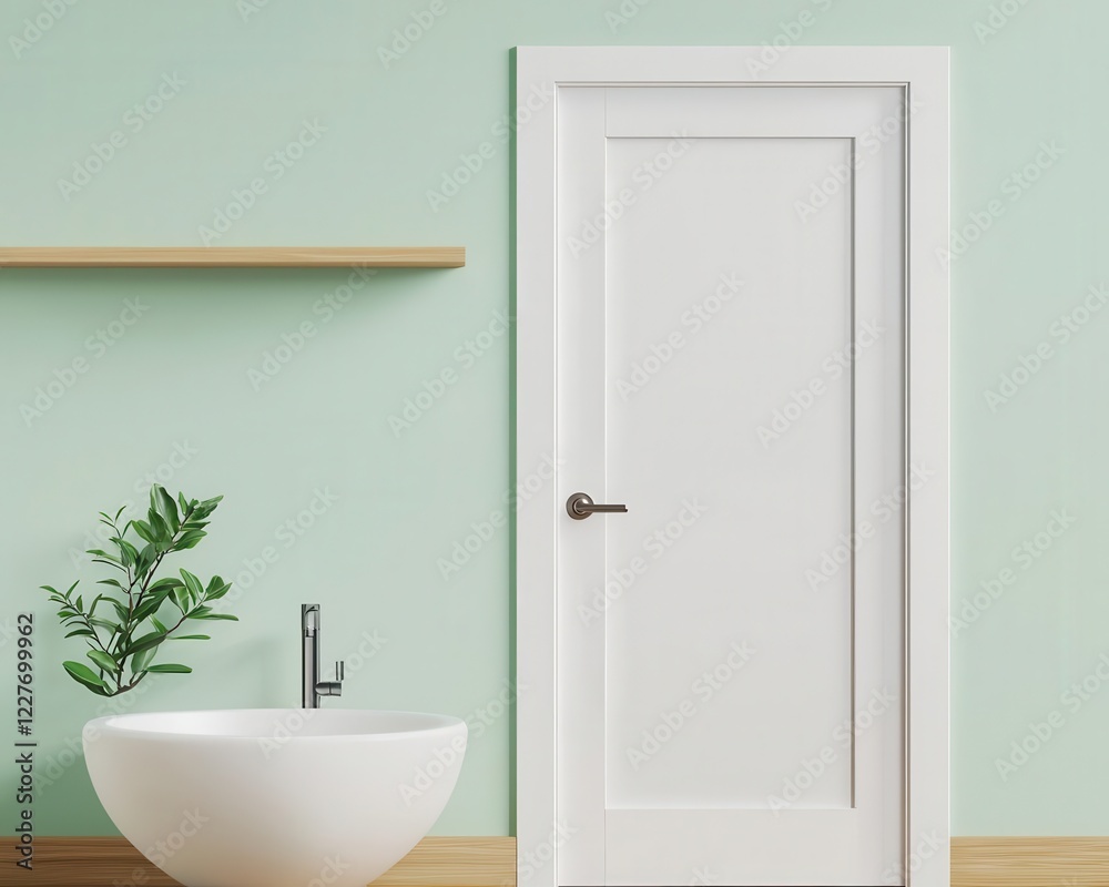 Obraz premium Tiny bathroom with a pocket door, corner shelving, and compact fixtures for maximizing space