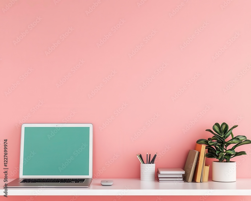 Fototapeta premium Tiny home office with a builtin desk, floating shelves, and cable management system for organization