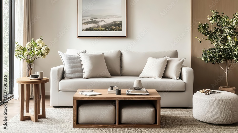 Multifunctional living room with a sofa bed, nesting tables, and hidden storage ottomans for compact living Multifunctional living room with a sofa bed, nesting tables, and hidden storage ottomans for compact living