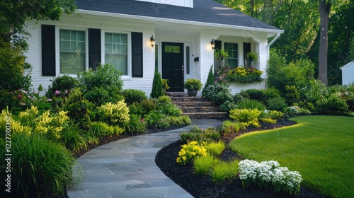 Landscaped suburban home, walkway, flowers, green lawn.  Use Real estate, home improvement