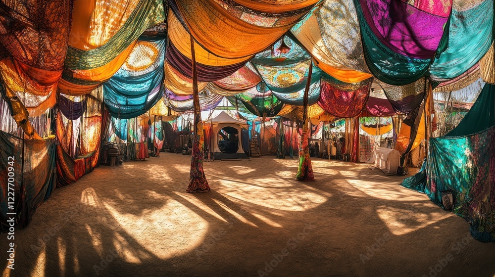 Fototapeta premium Colorful Fabric Draped Interior, Sunlit Tent.