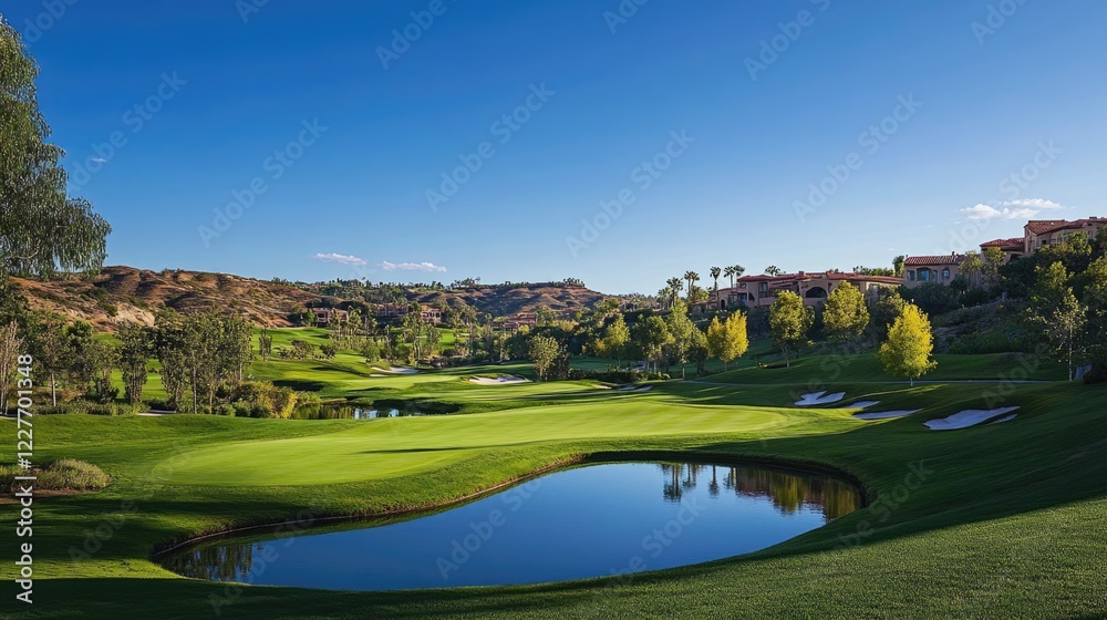 Tranquil panoramic view of a lush green golf course with gentle hills and serene water features under a clear blue sky Tranquil panoramic view of a lush green golf course with gentle hills and serene water features under a clear blue sky
