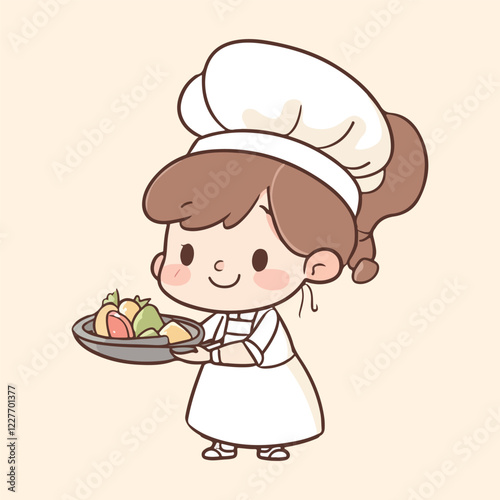 Cute cartoon gril Chef Cooking In Kitchen vector illustration