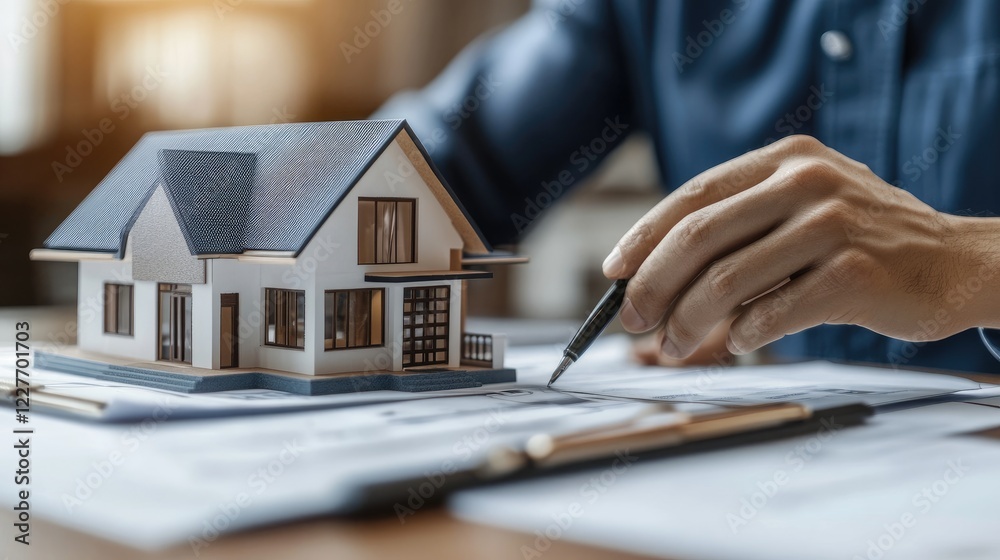 Fototapeta premium Real Estate Agent Engaging in Virtual Meeting with Property Model and Documentation on Table