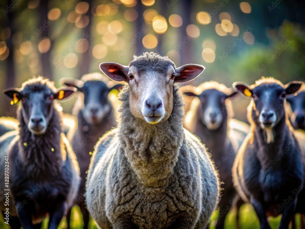 Obraz premium Bold black sheep leads, soft focus emphasizes individuality, a different perspective.