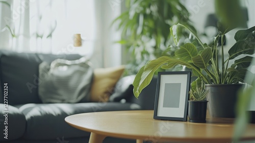 Cozy Scandinavian living room with decorative photo frame and lush green plants in serene interior setting
