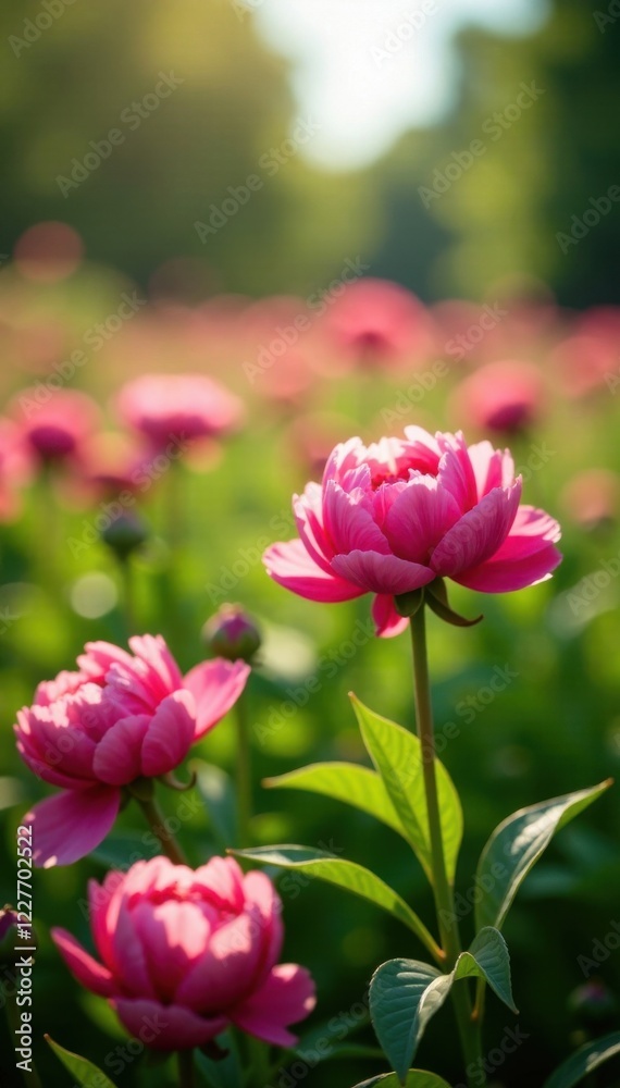 Peonies in a field with sunlight and shadows, sun, field, landscape Peonies in a field with sunlight and shadows, sun, field, landscape