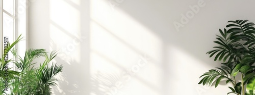 Minimalist Interior with Empty White Frame and Diverse Plants on Bright Wall for Customizable Poster Design in Serene Atmosphere