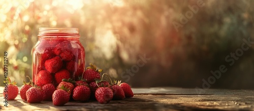 Ripe strawberries in a jar of fresh strawberry jam with morning sunlight on a rustic kitchen table ideal for gift or recipe promotion