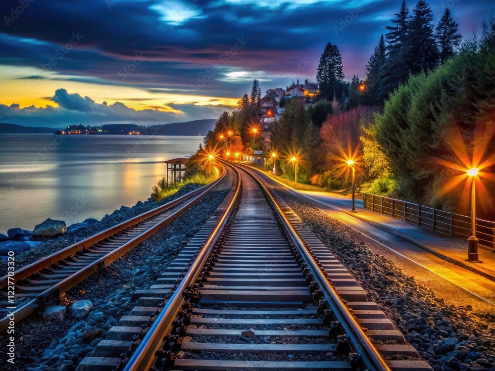 British Columbia's White Rock: a low-light train dramatically crosses the coastal railway at night. British Columbia's White Rock: a low-light train dramatically crosses the coastal railway at night.