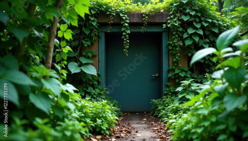Overgrown plants conceal a hidden, metallic compartment, dark pattern, concealed, mysterious
