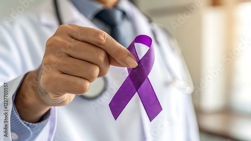 Doctor holding purple ribbon symbolizing cancer awareness and support.