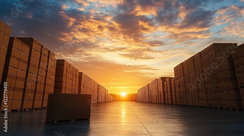Fototapeta Naklejka Na Ścianę i Meble -  Logistics hub at sunset with silhouette of warehouse and stacked cardboard boxes in shipping and distribution facility scene.