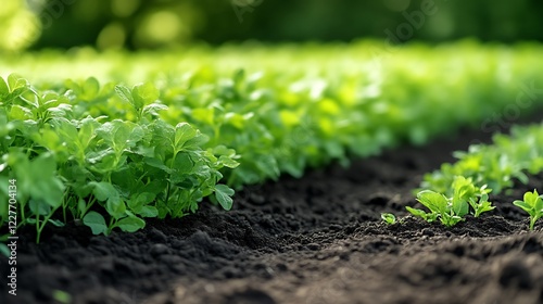 Rows of young green plants growing in dark soil under the sun, at a farm or garden