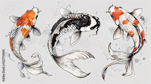 Traditional Japanese Koi Carp Line Art Drawing Goldfish Illustration