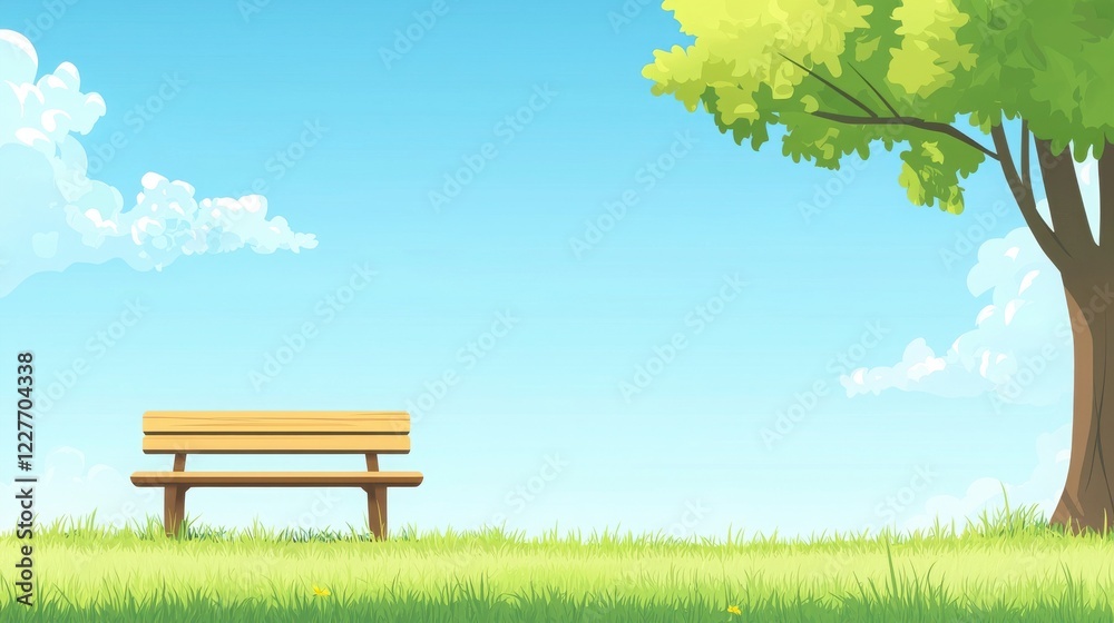 Serene cartoon picnic area with wooden bench in grassy fields under bright blue sky Serene cartoon picnic area with wooden bench in grassy fields under bright blue sky