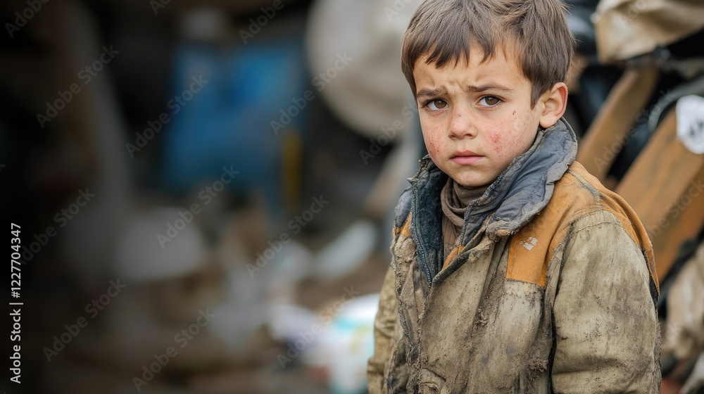Child in tattered clothing with a solemn expression stands amid a cluttered background reflecting hardship and poverty. Child in tattered clothing with a solemn expression stands amid a cluttered background reflecting hardship and poverty.