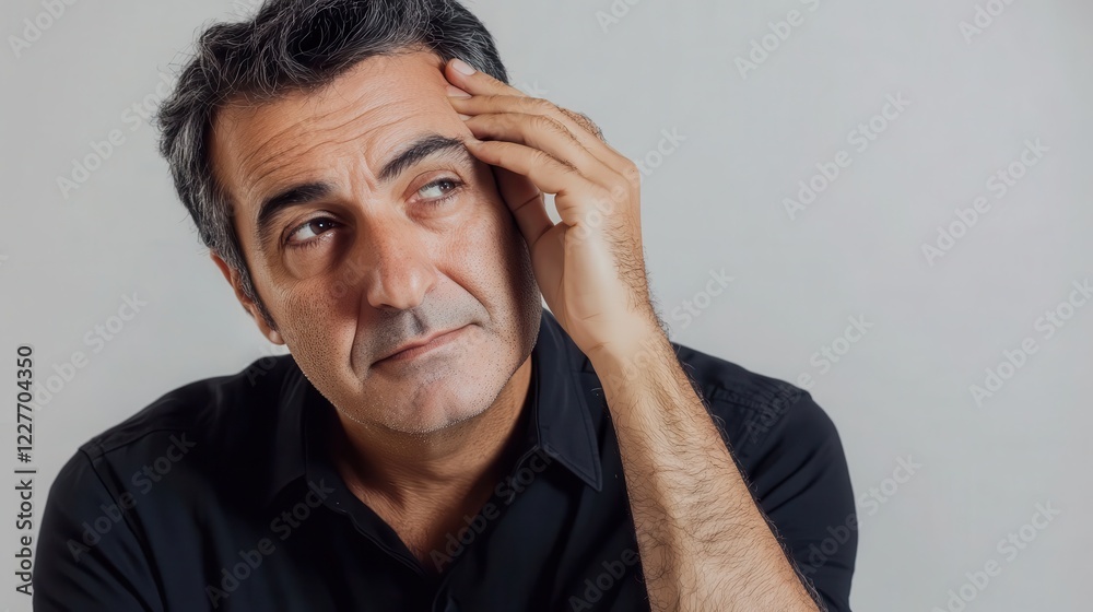Thoughtful Man in Black Shirt with Gray Background Thoughtful Man in Black Shirt with Gray Background