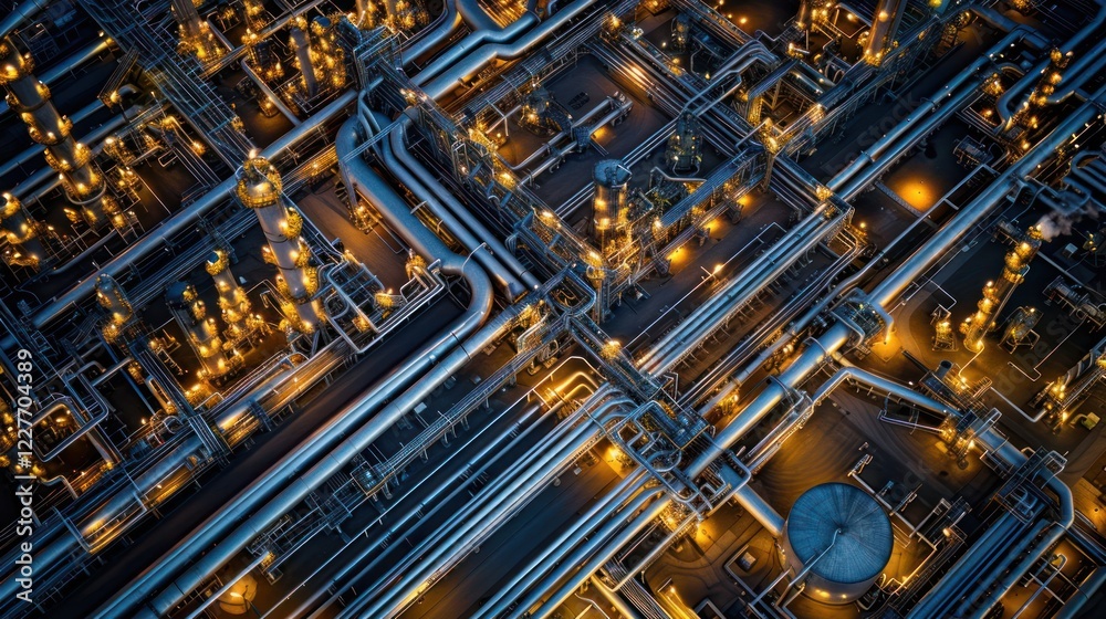 Aerial view of an industrial complex with illuminated pipes and structures at night Aerial view of an industrial complex with illuminated pipes and structures at night