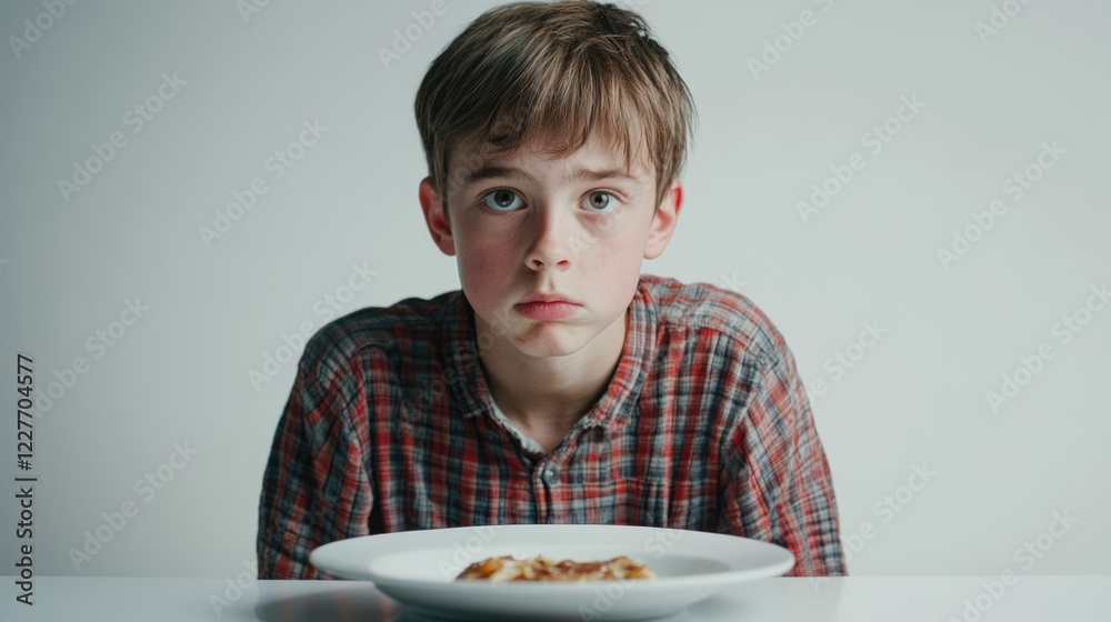 Thirteen Year Old Boy with a Sad Expression Sitting at Table with Empty Plate in Studio Against White Background Thirteen Year Old Boy with a Sad Expression Sitting at Table with Empty Plate in Studio Against White Background