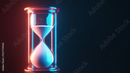 A glowing hourglass with vibrant blue and red lighting, symbolizing the passage of time and the inevitability of change against a dark background.
