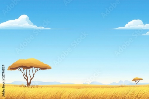 Golden grass and acacia trees cartoon savanna digital art open landscape wide view nature concept for kids photo