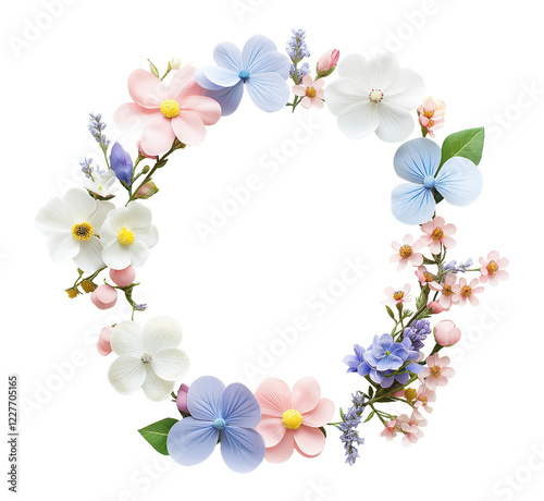 Round floral frame of realistic blossoms image isolated transparent. Invitation, greeting card cut out photo. Romantic occasion. Flowers wreath cutout element object photography