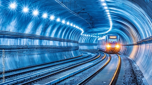 futuristic underground transit tunnel with bright, evenly spaced lights, and a train approaching at high speed. Underground railway tunnel transportation 