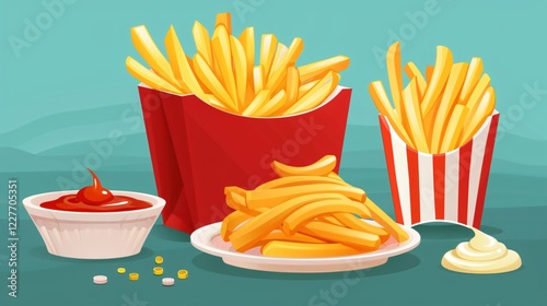 Delicious Golden French Fries in a Box with Crispy Potato Chips on Plate