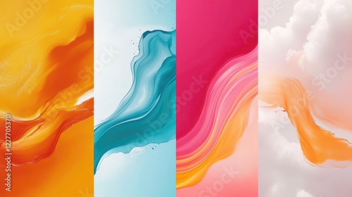 Colorful vertical banners with vibrant paint drips fluid wave effects and soft clouds creating ample space for text and design elements photo