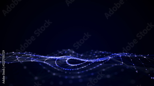 Abstract circle wave with blue light on black background. Science background with moving dots and lines. Network connection technology. Digital structure with particles. 3d rendering.