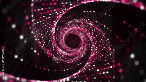 Abstract circle speed tunnel with pink light on black background. Science background with dots and lines moving in a spiral. Wormhole technology. Digital structure with particles. 3d rendering.