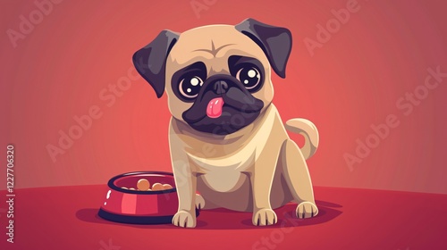 Playful Cartoon Pug Dog with Food Bowl Funny Character Illustration