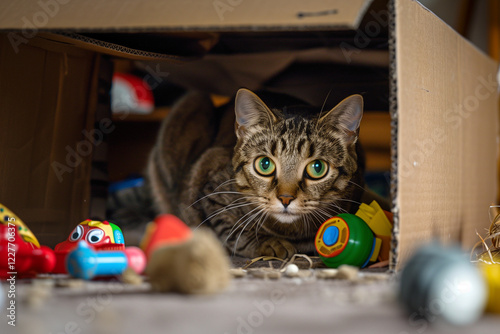 A cat in a cardboard box, surrounded by scattered toys. photo