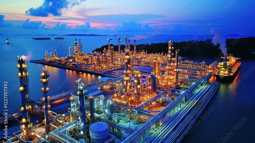 Obraz premium Aerial view of a vibrant oil refinery at dusk with ships in the background and glowing lights